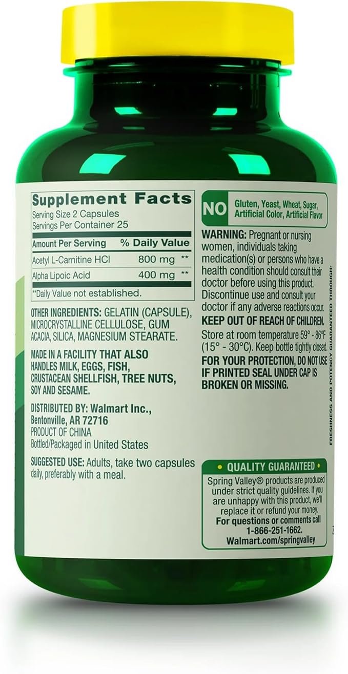 Spring Valley Acetyl L-Carnitine HCI 400 mg + Alpha Lipoic Acid 200 mg Capsules, 50 Count (Pack of 1)
