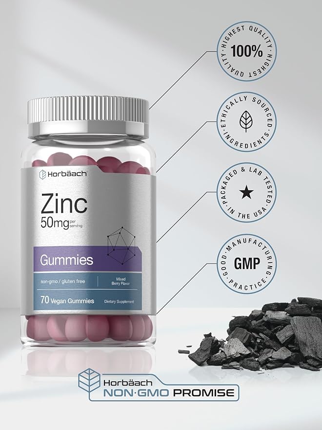 Horbäach Zinc 50mg | 70 Gummies | Mixed Berry Flavor | Vegan, Non-GMO and Gluten Free Formula | Zinc Citrate Dietary Supplement