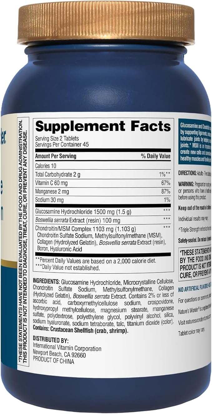 Nature's Wonder Triple Strength Glucosamine Chondroitin with MSM and Hyaluronic Acid and Boswellia for Joint Health, Supports Joint Flexibility and Mobility, 45 Day Supply, 90 Tablets
