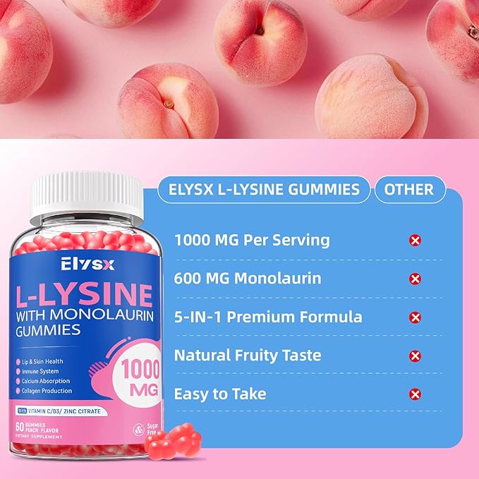 L-Lysine Gummies 1000mg, Sugar-Free Chewable Lysine with Monolaurin Supplement for Adults & Kids, Lips & Oral Health, Immune & Overall Health, Natural Peach Flavor, 60 Count