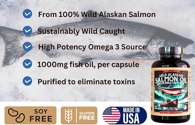 Wild Alaskan Salmon Fish Oil Omega 3 Supplement for Humans | EPA and DHA | Kwee-Jack Fish Co. | 120 Softgels 1000mg Salmon Oil
