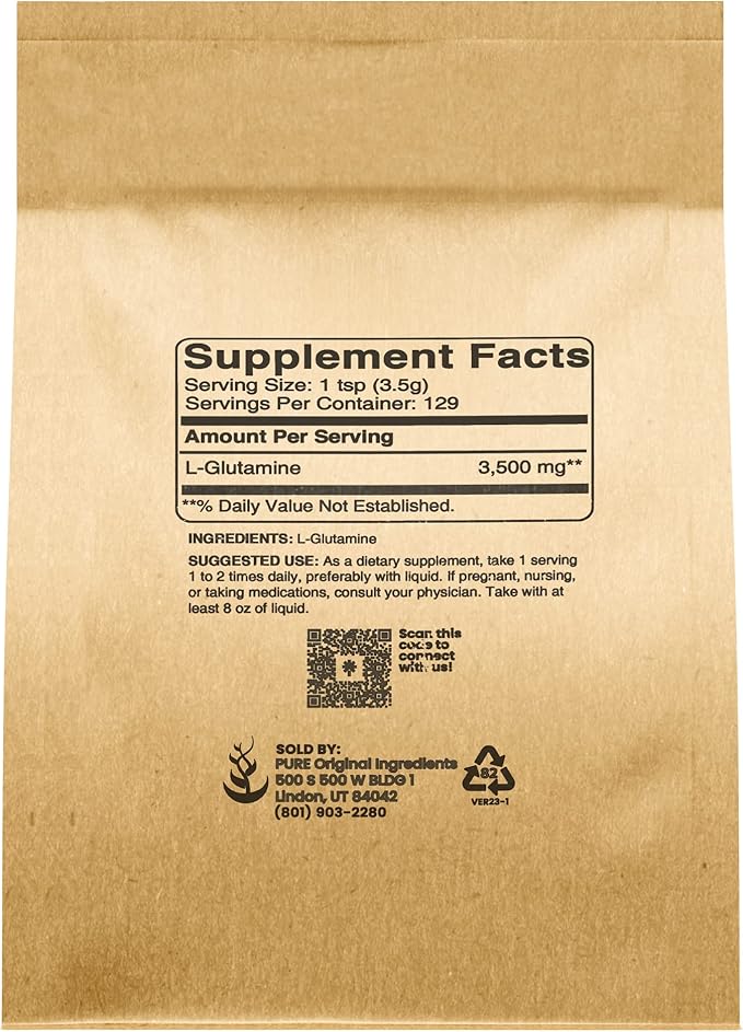 Pure Original Ingredients L-Glutamine (1lb) Alpha-Amino Acid Supplement Powder, Lab-Verified
