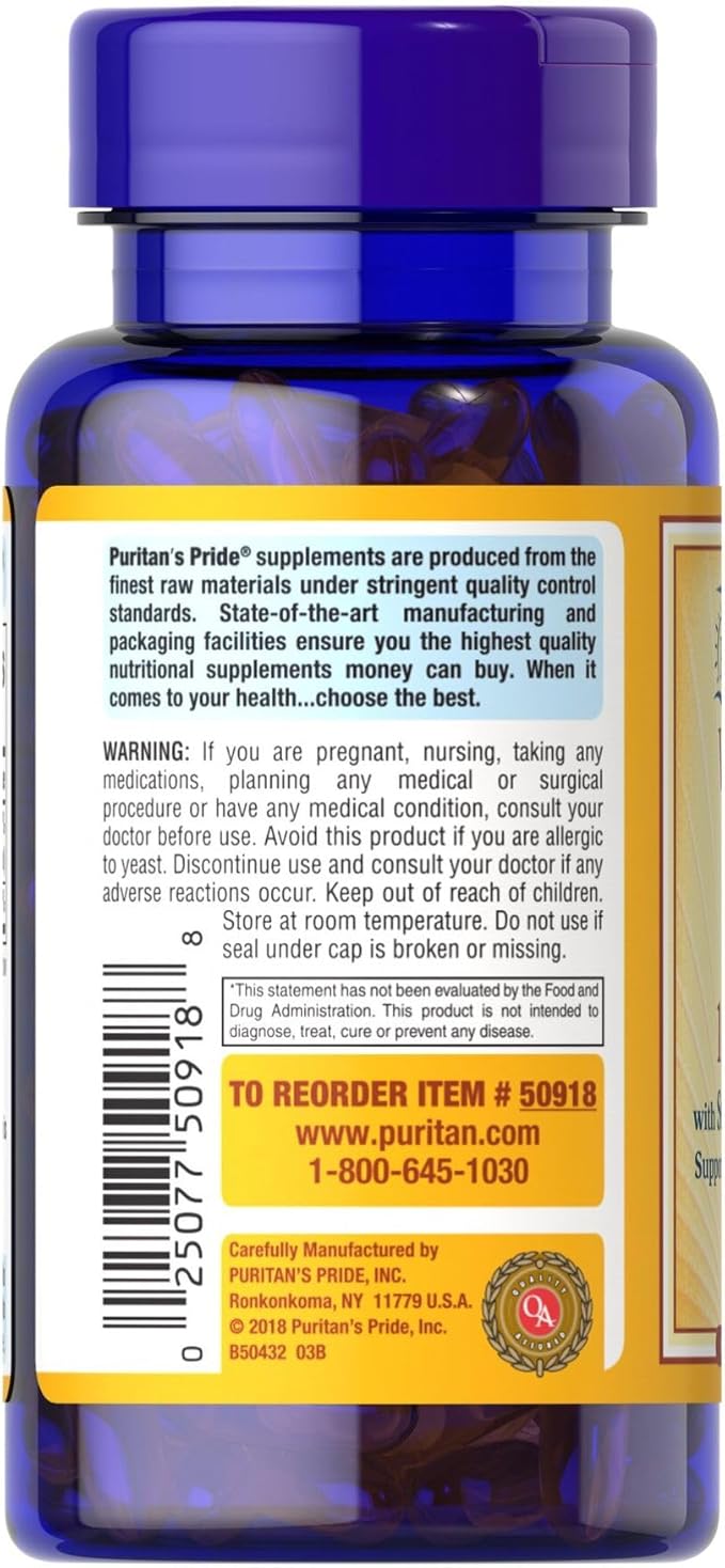 Puritan's Pride Vitamin E 184mg (400 IU) with Selenium 50mcg, Vitamin Supplement For Immune System and Antioxidant Health Support, 3 Month Supply, 100 Rapid Release Softgels