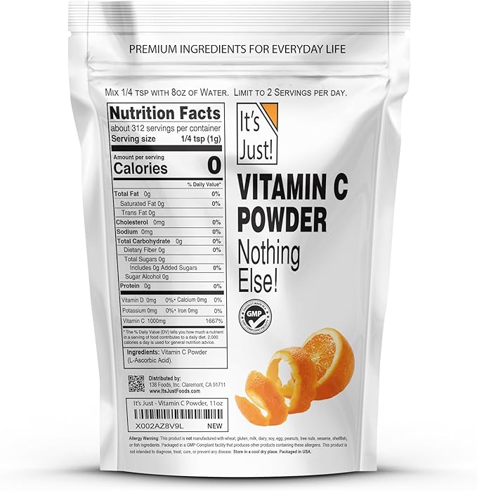 It's Just! - Vitamin C Powder, 100% Pure Ascorbic Acid, Food Grade, Immune Support, Homemade Cosmetics (11oz)