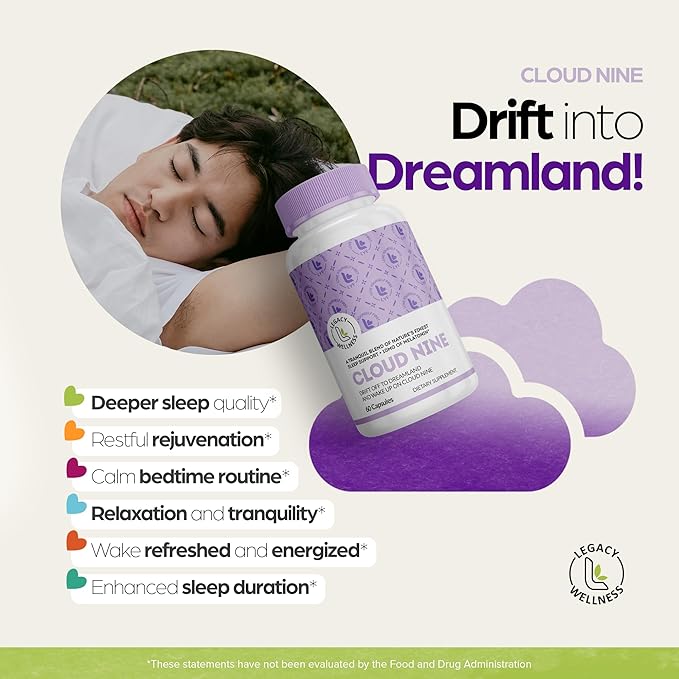 Cloud 9 - All Natural Sleep Aid Supplement - Relaxing Vitamin & Herbal Formula - 10mg Melatonin Calcium Magnisium L-Theanine 5-HTP GABA St. John's Wort Ashwagandha Chamomile & More 60 Vegan Capsules