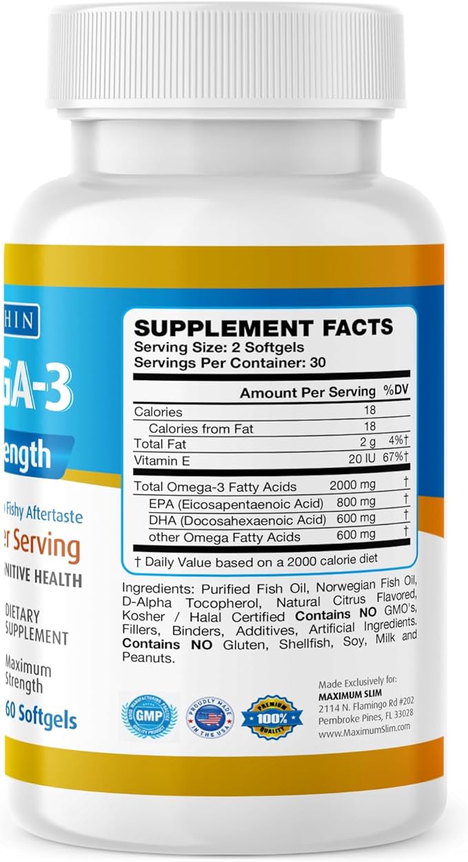 Maximum Slim Max Omega 3 Fish Oil Pills - Triple Strength Fish Oil Supplement (2000 mg Total Omega 3 Fatty Acids: 600mg DHA + 800 mg EPA per Serving)