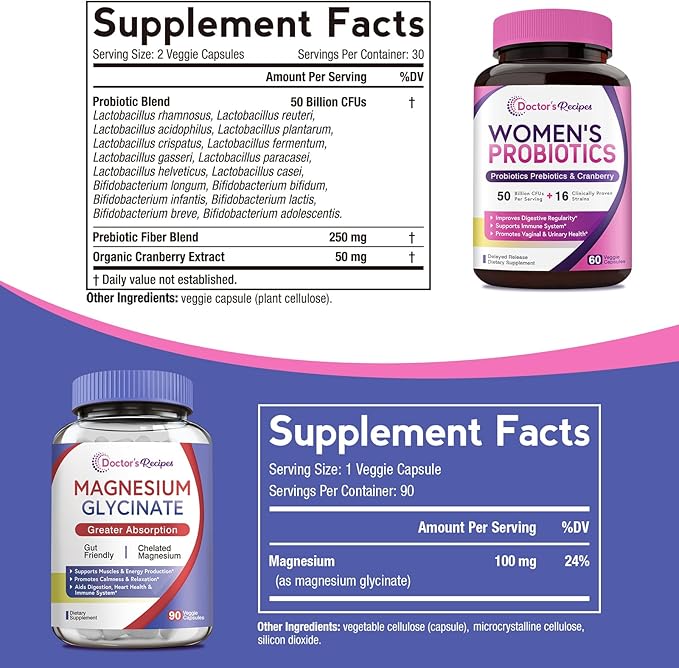 Doctor's Recipes Probiotics and Magnesium Glycinate Bundle - Optimum Gut Health & Muscle Function Support for Men & Women