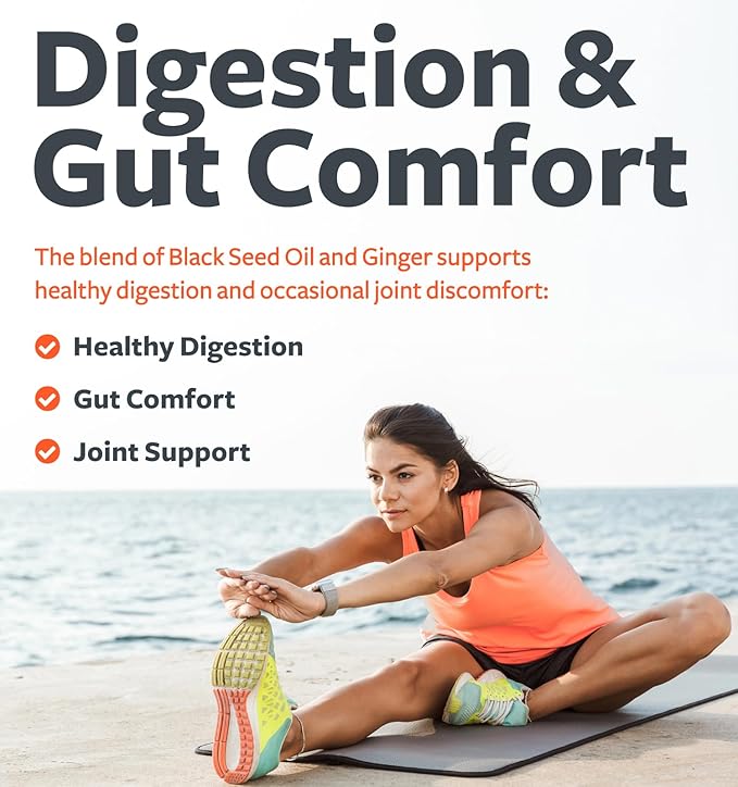 Black Seed Oil Capsules with Ginger Extract - 1400mg - 60 Liquid Capsules (Non-GMO & Vegan) - Natural Support for Healthy Joints and Digestive Health