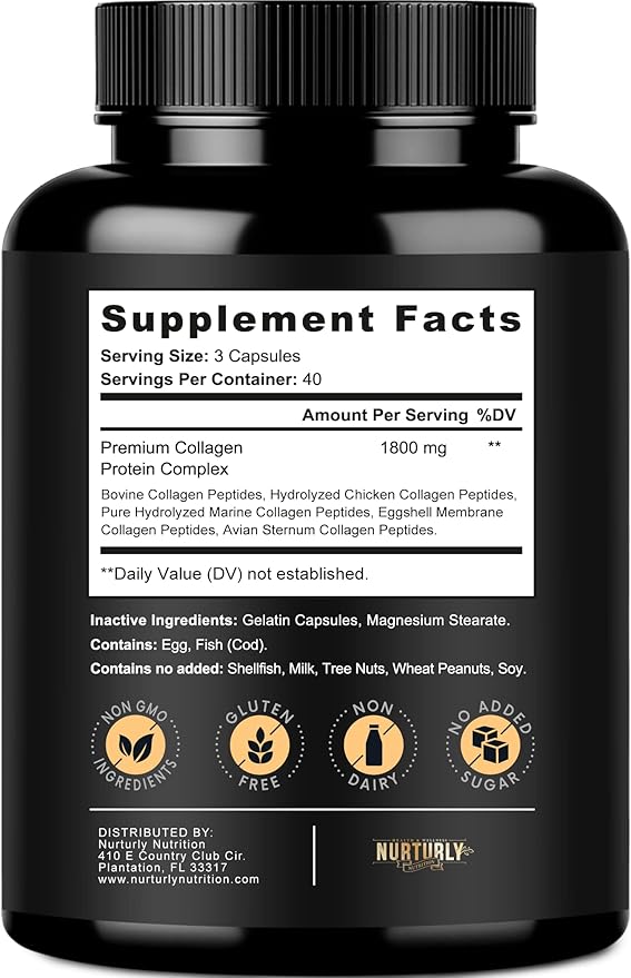 Multi Collagen Peptides Powder Capsules - Hydrolyzed Collagen Peptides Types (I, II, III, V & X) - Collagen Supplements for Hair, Skin & Nails - 120 Capsules