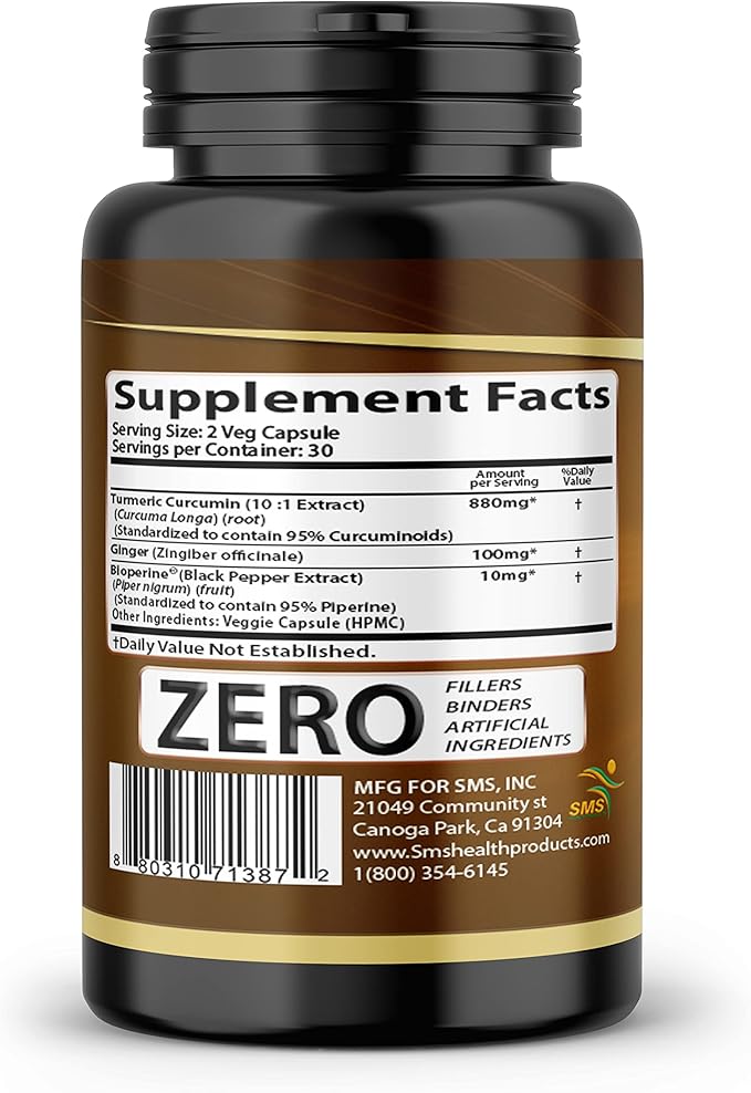 Turmeric Curcumin with Ginger, BioPerine Black Pepper, 95% Curcuminoids, Natural Joint & Healthly Inflammatory Support, Antioxidant Tumeric Supplement, 60 Veggie Capsules, Made in USA, by SMS