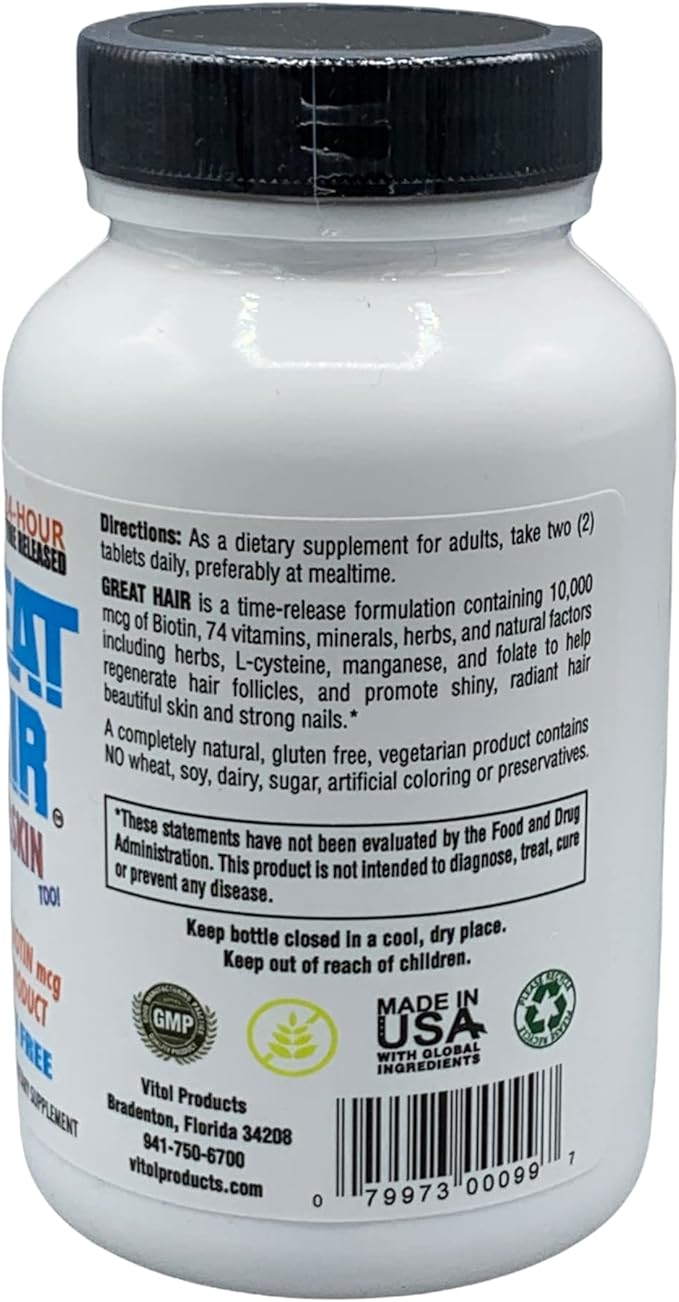Vitol Great Hair Time Released 10,000 mcg Biotin, 120 Tablets