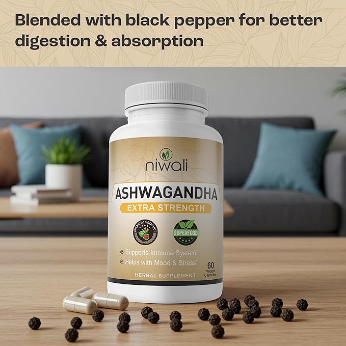 Organic Ashwagandha Capsules, Extra Strength | Ayurvedic Supplement for Stress, Mood & Energy Support | with Black Pepper - 60 Count (1405 mg)