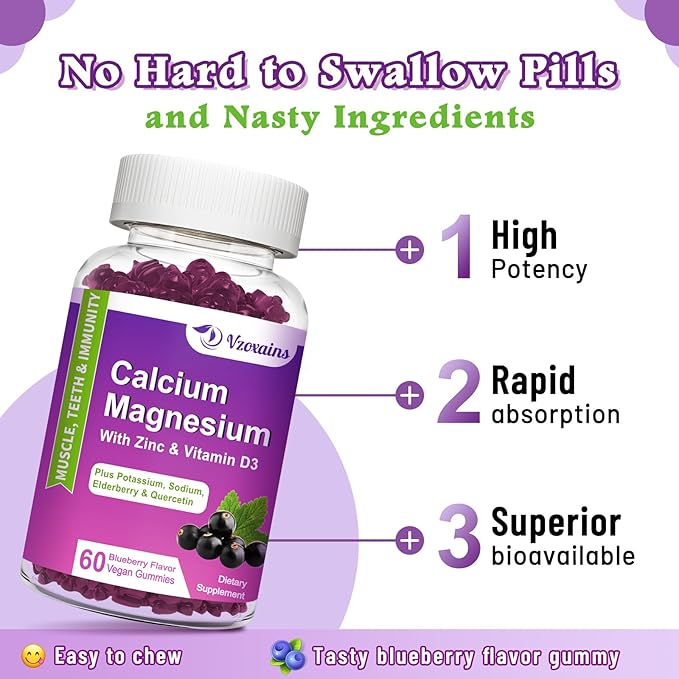 High Absorption Calcium Gummies, Calcium Magnesium Zinc with Magnesium Glycinate, Potassium, Vitamin D3 for Women & Men- Blueberry Flavor 120 Cts