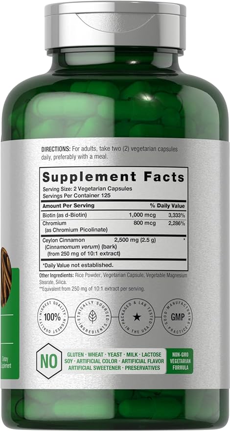 Horbäach Cinnamon with Chromium Picolinate 2500mg | 250 Capsules | Plus Biotin | Vegetarian, Non-GMO, Gluten Free