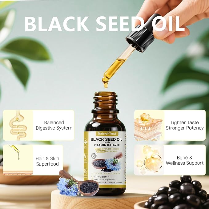 Organic Soursop Bitters and Black Seed Oil Drops Bundles with Vitamins D3, K2, B6, C | Vegan, Non-GMO, Gluten-Free