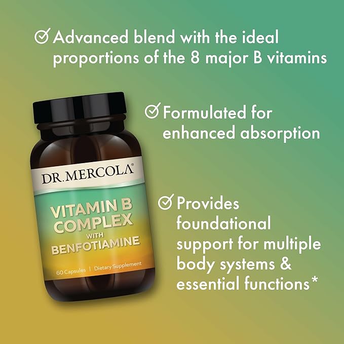 Dr. Mercola Vitamin B Complex with Benfotiamine - Supports Cellular, Brain & Immune Health - Non-GMO, Gluten-Free & Soy-Free - 60 Capsules (30 Servings)