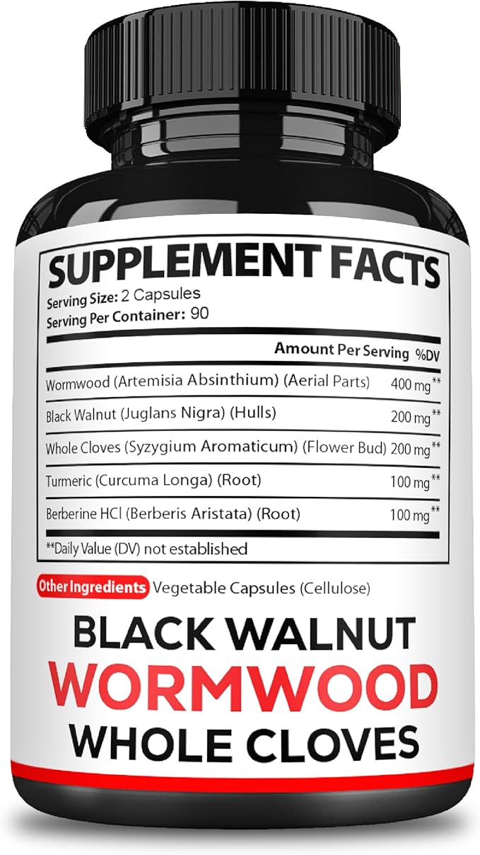 Satoomi 5 in 1 Wormwood Capsules Supplement - Extracted from Black Walnut, Whole Cloves, Turmeric and Berberine HCl - Immune System & Digestion Health - 180 Count -90 Day Supply