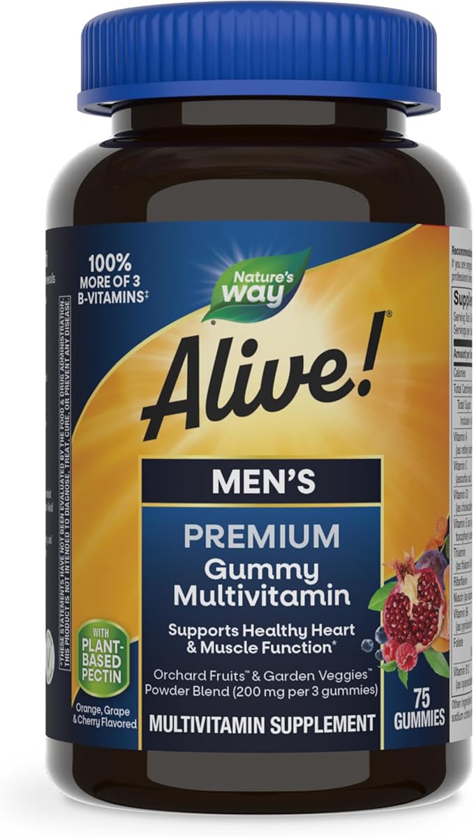 Nature's Way Alive! Men's Premium Gummy Multivitamin, Supports Healthy Heart, Muscle Function*, Full B-Vitamin Complex, Orange, Grape, Cherry Flavored, 75 Gummies (Packaging May Vary)