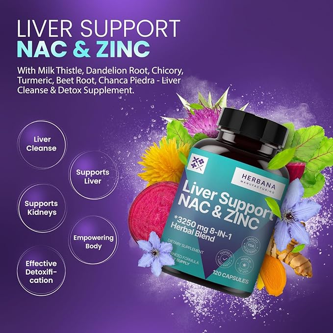 Liver Support & NAC 120 Capsules with Milk Thistle, Dandelion Root, Chicory, Turmeric, Beet Root, Chanca Piedra