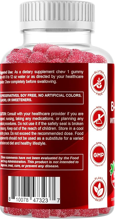 Vitamatic Vitamin B Complex Gummies with Vitamin C & Inositol - Natural Strawberry Flavor - 60 Gummies (1 Bottle)
