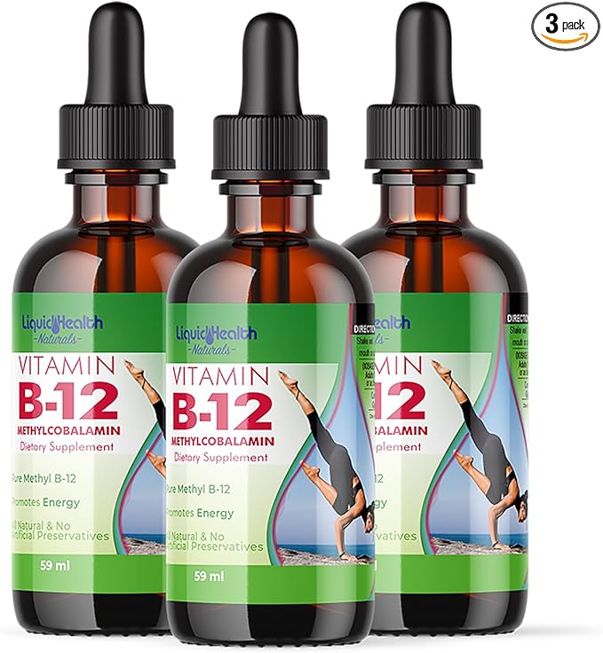 LIQUIDHEALTH Vitamin B12 Methylcobalamin Liquid Drops with Sublingual Hydroxocobalamin - Boost Energy, Support Immune System, Improve Memory & Concentration - Made in The USA, Vegan, Non-GMO (3 Pack)