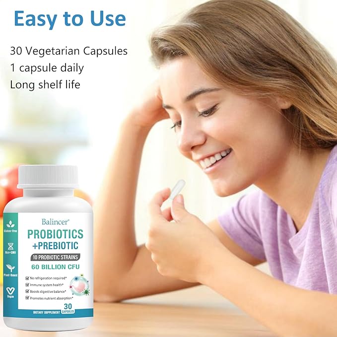 Probiotics and Organic Prebiotics for Women & Men, 60 Billion CFUs 10 Strains, Support Digestive & Gut Health, Gas & Bloating, 30 Capsules