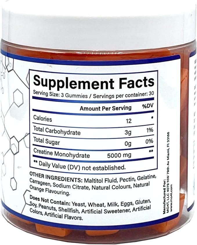 Creatine Monohydrate Gummies 5000 mg for Men & Women, Sugar Free Creatine Gummies- Sugar Free Creatine Gummies Orange Flavor - Gomitas de Creatina sin azucar.