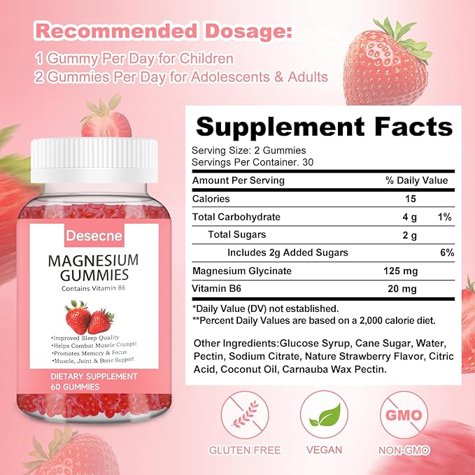 Magnesium Glycinate Gummies for Adults Kids with Vitamin B6, Strawberry Flavor Calm Magnesium Supplement, Magnesium Citrate for Sleep, 60 Gummies per Bottle