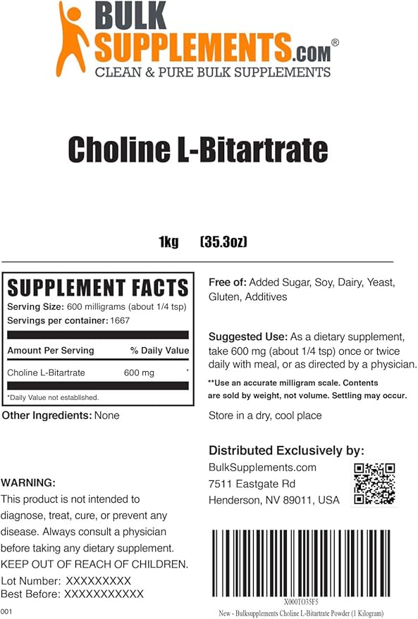 BulkSupplements.com Choline Bitartrate Powder - as Choline L-Bitartrate, Choline Supplement - Gluten Free, 600mg per Serving, 5kg (11 lbs) (Pack of 5)