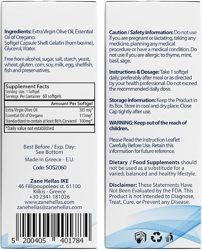 Zane Hellas Oregano Oil Softgels. Extra Strength. Every Softgel Contains 20% Greek Essential Oil of Oregano. 100 mg Carvacrol per Softgel. 60 Softgels.