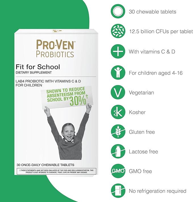 Probiotics Fit for School | 30 Tasty Strawberry Flavored Chewable Tablets | Designed for Childern Age 4-16 | 12.5 Billion CFUs Supports Immune System and Digestive Health