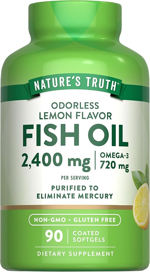 Nature's Truth Fish Oil Omega 3 Supplement | 2400mg | 90 Softgels | Lemon Flavor | Odorless | Non-GMO & Gluten Free