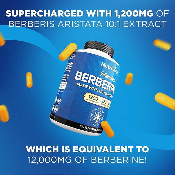Nutrivein Premium Berberine HCL 1200 mg with Ceylon Cinnamon - 120 Capsules: High-Absorption Berberine Supplement for Defenses, Digestion, & Metabolism