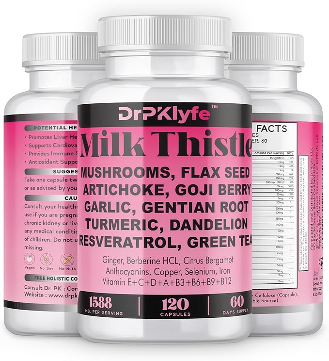 Milk Thistle Capsules for Liver Detox & Cleanse Support – with Dandelion Root, Resveratrol, Artichoke, Moringa, Silymarin – 120 Capsules (60-Day Supply)