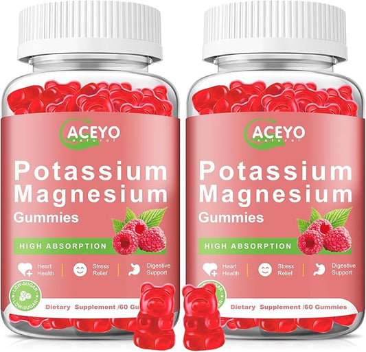 2 Pack Potassium Magnesium Gummies for Adult Kids High Absorption Leg Cramps & Muscle & Heart Health Immune Health Raspberry Magnesium Gummies Chewable Gummy Supplement Vegan Non-GMO