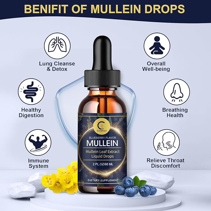 Mullein Leaf Extract Drops for Lungs - Lung Cleanse & Detox, Pure Mullein Leaf Liquid Drops, Support for Respiratory, Immune, Digestive System, Vegan, Non-GMO, Blueberry Flavor, 2 FL OZ