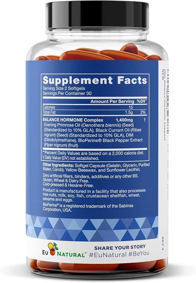 Eu Natural Balance PMS Vitamins for Women - Hormone Balance for Women, Menstrual Support - Primrose Oil, Black Seed Oil & DIM - 60 Liquid Softgels