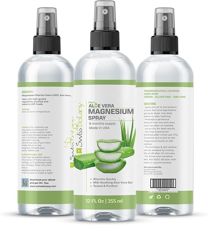 Topical Magnesium Spray with Aloe Vera - Pure Magnesium Oil Spray for Stress Relief - USP Grade Aloe Vera Magnesium Spray for Sleep - 12 Fl Oz