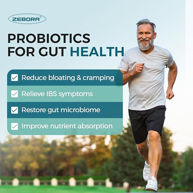 ZEBORA Probiotics for Men and Prebiotics for Digestive Health, 90 Tablets, 60 Billion CFUs for Immune and Gut Health, 10 Strains, Hypoallergenic Probiotics, Shelf Stable, Gluten & Soy Free