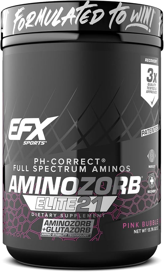 EFX Sports Aminozorb Elite 21 | PH-Correct, Full Spectrum Aminos + Glutamine | Essential & Non Essential Aminos | Zero Sugars | 30 Servings (Pink Bubblegum)