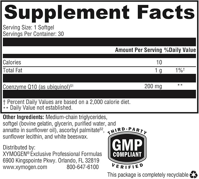 XYMOGEN CoQmax 200mg CoQ10 ubiquinol - Patented, Stabilized Form - Coenzyme Q10 for Antioxidant, Cognitive + Heart Health Support (30 Softgels)