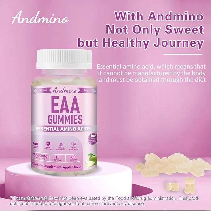 EAA Gummies 7500 mg, BCAA Gummies, Amino Acids Supplement for Muscle, Immune, Nervous & Digestive Health, for Adults & Kids, Non-GMO, Vegan, Gluten Free, Apple Flavor, 120