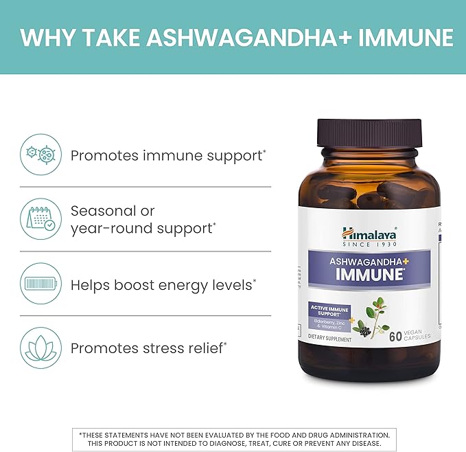 Himalaya Ashwagandha+ Immune with Ashwagandha, Elderberry, Zinc & Vitamin C for Active Immune Support, 60 Capsules, 1 Month Supply, Vegan, Gluten Free