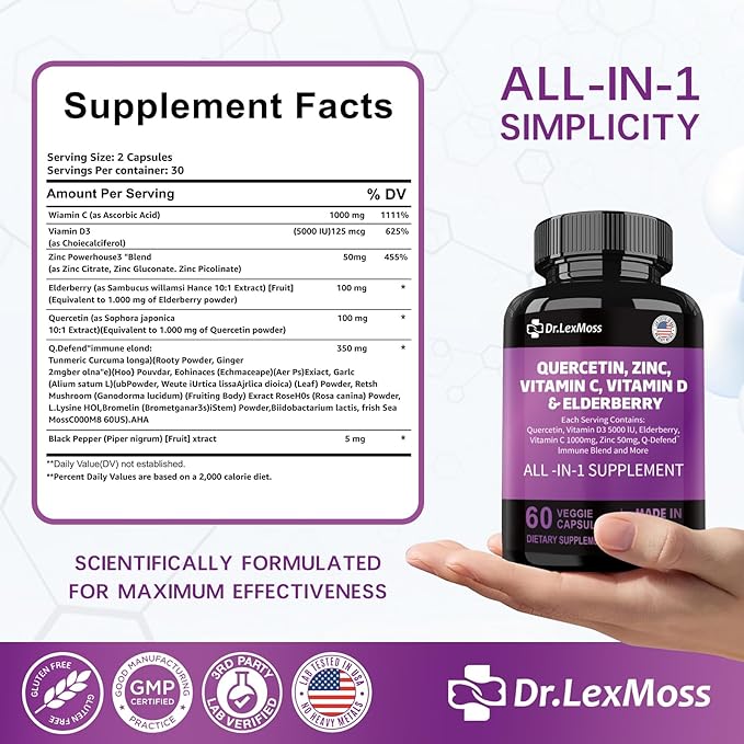 60 Count Quercetin 1000mg Zinc 50mg Vitamin C 1000mg Vitamin D 5000IU Immune System Support Supplement with Echinacea Ginger Bromelain Sea Moss Garlic Nettle Vegan Capsules for Men and Women,USA