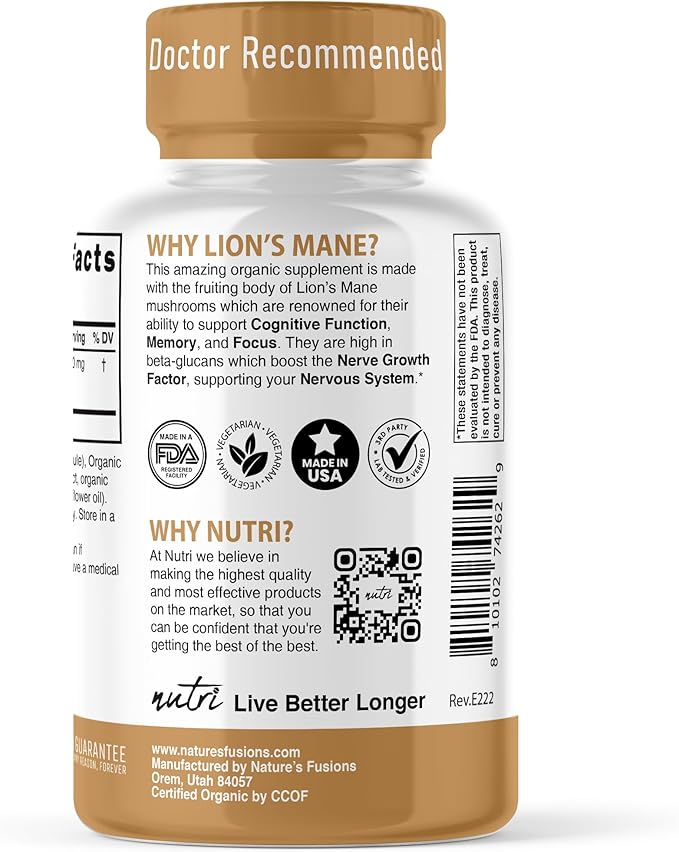 Nature's Fusions Nutri Organic Lions Mane Supplement Capsules - 1900 mg, 10:1 Dual Extraction, 120 Count - Mushroom Extract (Fruiting Body) - Third Party Tested