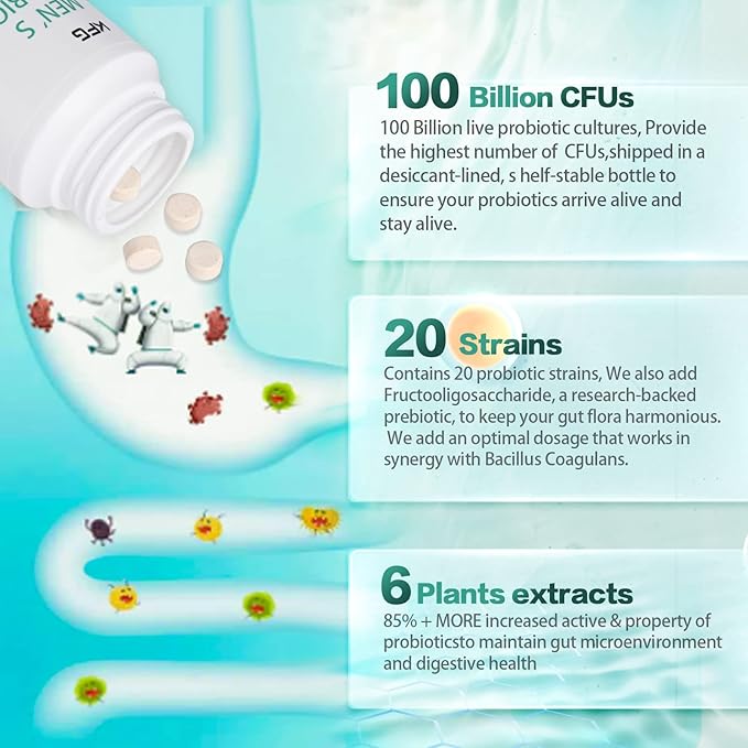 KFG Probiotic Supplement 100 Billion CFU, 20 Strains, 2 Prebiotics and Digestive Enzymes, Supports Digestion, Immune Support, Gut Health and Metabolism, Non-GMO, Gluten & Soy Free, 100 Tablets