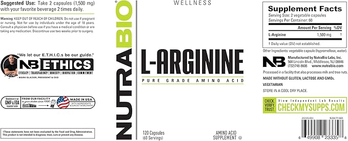 NutraBio L-Arginine Supplement, 750mg – Nitric Oxide Precursor, Supports Blood Flow, Vascular Health, and Muscle Growth- L Arginine Supplements for Men and Women- 120 Capsules