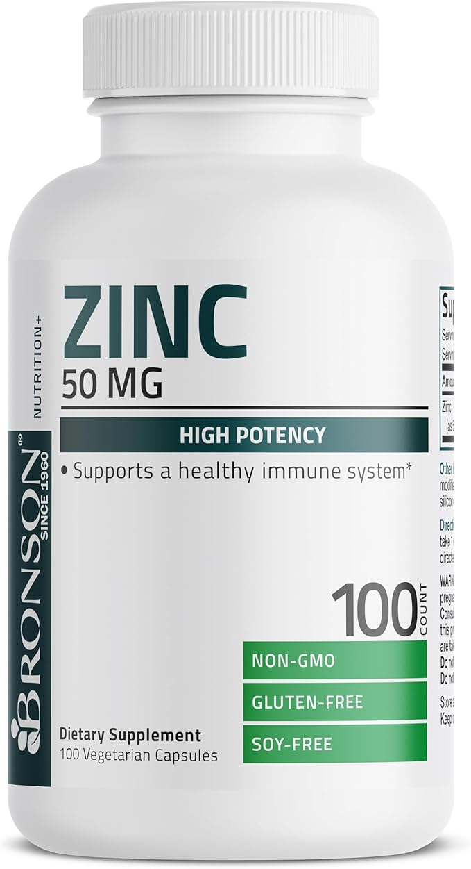 Bronson Zinc 50mg Complex High Potency Immune Support Supplement & Antioxidant and Skin Health - Non GMO, 100 Vegetarian Capsules