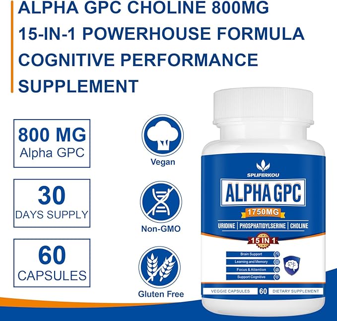 15-in-1 Alpha GPC Supplement - Nootropic Brain Supplement with Phosphatidylserine, Uridine,L-Theanine,Lion's Mane Mushroom for Brain Support, Memory and Focus,180 Capsules