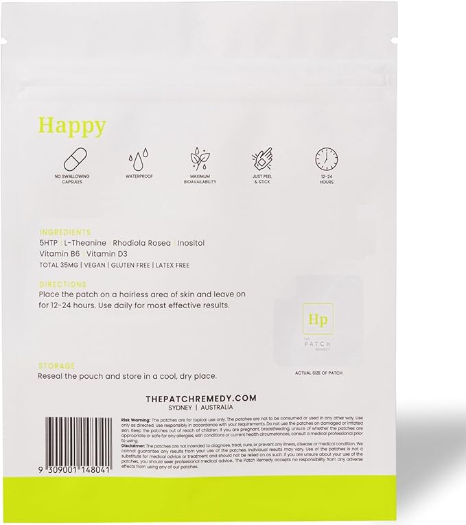 Happy Patches - Topical Stickers with 5-HTP, L-Theanine, Rhodiola Rosea, Inositol, Vitamin B6 & Vitamin D3 Transdermal Skin Sticker